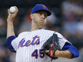 New York Mets starting pitcher Zack Wheeler throws during the first inning of the team's baseball game against the St. Louis Cardinals, Monday, July 17, 2017, in New York. (AP Photo/Kathy Willens)