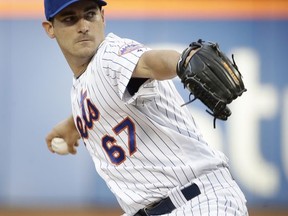 New York Mets' Seth Lugo (67) during the first inning of a baseball game against the Colorado Rockies, Saturday, July 15, 2017, in New York. (AP Photo/Frank Franklin II)