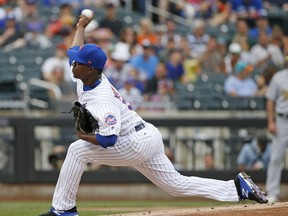 New York Mets starting pitcher Rafael Montero delivers during the first inning of a baseball game against the Oakland Athletics, Sunday, July 23, 2017, in New York. (AP Photo/Kathy Willens)