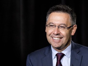 Josep Maria Bartomeu, president of FC Barcelona, discusses his soccer team, Thursday, July 20, 2017, in New York. (AP Photo/Mark Lennihan),