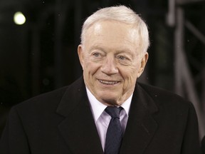 FILE - This Dec. 11, 2016 file photo shows Dallas Cowboys owner Jerry Jones at MetLife Stadium before an NFL football game against the New York Giants in East Rutherford, N.J. Jones reiterated his belief that star running back Ezekiel Elliott wasn't guilty of domestic violence in a case the NFL has been investigating for a year. Jones said Sunday, July 23, 2017 on the eve of the opening of training camp that Elliott's case was "not even an issue over he said-she said." (AP Photo/Seth Wenig, file)