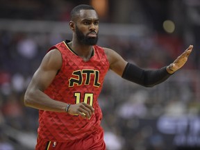 FILE - This April 26, 2017 file photo shows Atlanta Hawks guard Tim Hardaway Jr. (10) during the first half in Game 5 of a first-round NBA basketball playoff series against the Washington Wizards in Washington. The New York Knicks announced Saturday, July 8, 2017 they have signed free-agent guard Tim Hardaway Jr. to a four-year, $71 million contract. (AP Photo/Nick Wass)