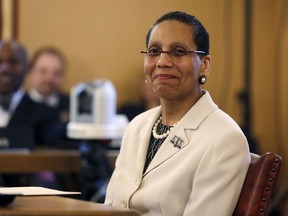 FILE - In this April 30, 2013, file photo, Justice Sheila Abdus-Salaam looks on as members of the state Senate Judiciary Committee vote unanimously to advance her nomination to fill a vacancy on the Court of Appeals at the state Capitol in Albany, N.Y. On Wednesday, July 26, 2017, the New York City Medical Examiner ruled Abdus-Salaam died by suicide in a drowning. Her body was recovered from the Hudson River by a New York Police Department Harbor Unit on April 12, 2017. (AP Photo/File, Mike Groll, File)