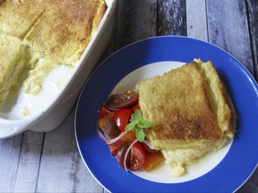 This June 30, 2017 photo shows a cheese sandwich souffle in New York. This dish is from a recipe by Sara Moulton. (Sara Moulton via AP)