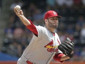 St. Louis Cardinals starting pitcher Lance Lynn throws during the first inning of a baseball game against the New York Mets at Citi Field, Thursday, July 20, 2017, in New York. (AP Photo/Seth Wenig)