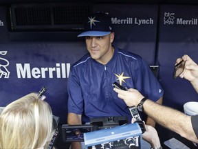Tampa Bay Rays' Dan Jennings responds to questions as he meets with reporters in the dugout before a baseball game against the New York Yankees Thursday, July 27, 2017, in New York. (AP Photo/Frank Franklin II)