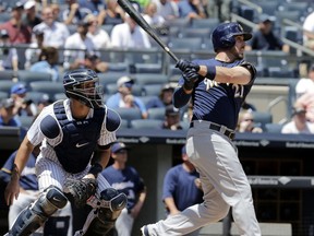 Milwaukee Brewers' Travis Shaw hits a three-run home run during the first inning of a baseball game against the New York Yankees at Yankee Stadium, Sunday, July 9, 2017, in New York. (AP Photo/Seth Wenig)