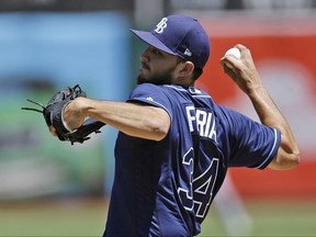 Tampa Bay Rays pitcher Jacob Faria works against the Oakland Athletics in the first inning of a baseball game Wednesday, July 19, 2017, in Oakland, Calif. (AP Photo/Ben Margot)