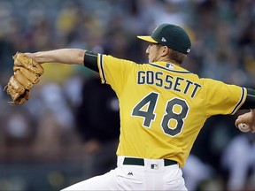 Oakland Athletics pitcher Daniel Gossett works against the Minnesota Twins during the first inning of a baseball game Friday, July 28, 2017, in Oakland, Calif. (AP Photo/Ben Margot)