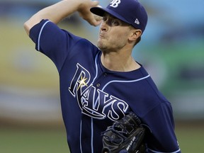 Tampa Bay Rays pitcher Jake Odorizzi works against the Oakland Athletics during the first inning of a baseball game Monday, July 17, 2017, in Oakland, Calif. (AP Photo/Ben Margot)