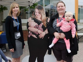 Porcupine Health Unit Public Health Nurse Meagan Potvin, left, and Models Laurissa and Winter Crocetti stand beside one of the "Breastfeeding in Public" models at the Urban Park in Timmins in this July 12, 2017.