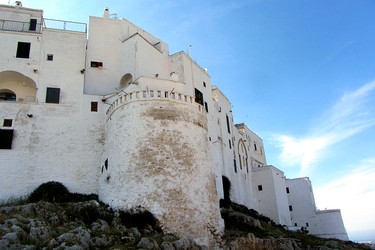 The whitewashed city of Ostuni is perched on a hill above olive groves.