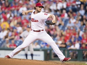 Philadelphia Phillies starting pitcher Aaron Nola throws during the third inning of a baseball game against the Houston Astros, Wednesday, July 26, 2017, in Philadelphia. (AP Photo/Chris Szagola)