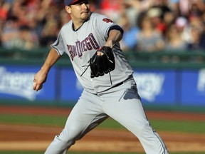 San Diego Padres starting pitcher Trevor Cahill delivers in the first inning of a baseball game against the Cleveland Indians, Tuesday, July 4, 2017, in Cleveland. (AP Photo/Tony Dejak)