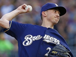 Milwaukee Brewers starting pitcher Zach Davies delivers during the first inning of the team's baseball game against the Pittsburgh Pirates in Pittsburgh, Wednesday, July 19, 2017. (AP Photo/Gene J. Puskar)