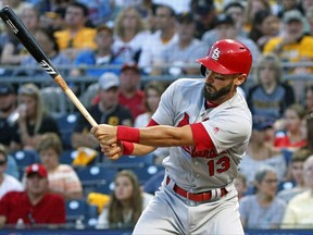 St. Louis Cardinals' Matt Carpenter drives in a run with a single off Pittsburgh Pirates starting pitcher Jameson Taillon in the fifth inning of a baseball game in Pittsburgh, Saturday, July 15, 2017. (AP Photo/Gene J. Puskar)