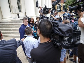 William J. Brennan, attorney for Joseph Ems Jr., speaks with the media at the Centre County Courthouse in Bellefonte, Pa., Tuesday, July 11, 2017, during a lunch break in a preliminary hearing on charges related to the fraternity hazing death of Penn State student Timothy Piazza. (Dan Gleiter/PennLive.com via AP)