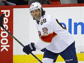 FILE - In this March 19, 2017, file photo, Florida Panthers' Jaromir Jagr skates in the team's NHL hockey game against the Pittsburgh Penguins in Pittsburgh. Making official what was suspected for some time, the Panthers revealed Saturday, July 1, 2017, that they're going in a different direction without the future sure-fire Hall of Fame forward. So on a day dominated by free-agent signings–like adding forwards Evgeny Dadonov, Radim Vrbata and Micheal Haley–the biggest news out of Florida was that Jagr is no longer in the Panthers' plans. (AP Photo/Gene J. Puskar, File)