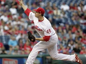 Philadelphia Phillies starting pitcher Jerad Eickhoff throws during the first inning of a baseball game against the Atlanta Braves, Saturday, July 29, 2017, in Philadelphia. (AP Photo/Tom Mihalek)