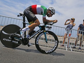 Italy's Fabio Aru rides during a reconnaissance run of the track prior to the the twentieth stage of the Tour de France cycling race, an individual time trial over 22.5 kilometers (14 miles) with start and finish in Marseille, France, Saturday, July 22, 2017. (AP Photo/Peter Dejong)