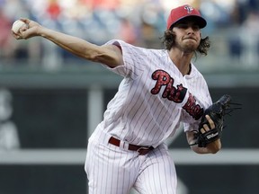 Philadelphia Phillies' Aaron Nola pitches during the first inning of a baseball game against the Pittsburgh Pirates, Monday, July 3, 2017, in Philadelphia. (AP Photo/Matt Slocum)