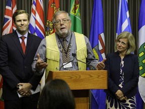 (Left to Right) Brian Gallant (Premier of New Brunswick), Robert Bertrand (National Chief, Congress of Aboriginal Peoples), Rachel Notley (Premier of Alberta) and Francene Joe (President, Native Women's Association of Canada) speak with the news media in Edmonton on Monday July 17, 2017, where the three-day Meeting of Premiers and National Indigenous Organization Leaders is being held. Trade with the U.S. will be a prominent topic at the meeting. (PHOTO BY LARRY WONG/POSTMEDIA)