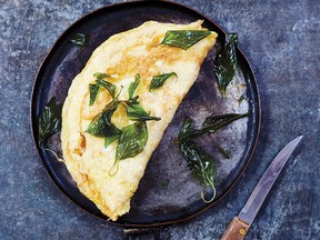 Preserved radish omelette with crispy basil