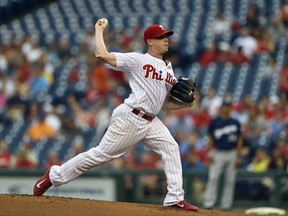 Philadelphia Phillies starting pitcher Jeremy Hellickson throws during the first inning of the team's baseball game against the Milwaukee Brewers, Saturday, July 22, 2017, in Philadelphia. (AP Photo/Derik Hamilton)
