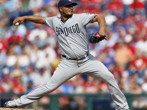 San Diego Padres starting pitcher Jhoulys Chacin (46) throws in the first inning of a baseball game against the Philadelphia Phillies, Saturday, July 8, 2017, in Philadelphia. (AP Photo/Laurence Kesterson)