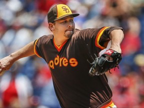 San Diego Padres starting pitcher Trevor Cahill throws in the first inning of a baseball game against the Philadelphia Phillies, Sunday, July 9, 2017, in Philadelphia. (AP Photo/Laurence Kesterson)