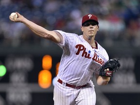 Philadelphia Phillies starting pitcher Jeremy Hellickson throws during the second inning of the team's baseball game against the Milwaukee Brewers, Saturday, July 22, 2017, in Philadelphia. (AP Photo/Derik Hamilton)
