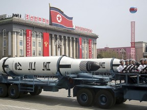 In this April 15, 2017 file photo, a submarine-launched ballistic missile is displayed in Kim Il Sung Square during a military parade in Pyongyang, North Korea.