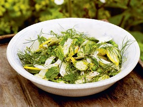Raw zucchini with fennel, pea, mint, and lemon from Gather by Gill Meller