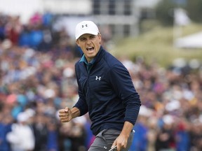 Jordan Spieth of the United States celebrates his birdie on the 16th hole during the final round of the British Open Golf Championship, at Royal Birkdale, in Southport, England, Sunday July 23, 2017. (AP Photo)