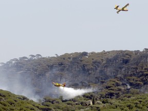 An anti-fire Canadair airplane drops water over a forest fire near La Croix-Valmer, southern France, Tuesday, July 25, 2017. Hundreds of firefighters are battling blazes fanned by high winds in more than a dozen zones in the Riviera region of southern France. (AP Photo/Claude Paris)