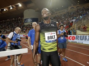 Usain Bolt from Jamaica reacts after winning the men's 100m race at the IAAF Diamond League Athletics meeting at the Louis II Stadium in Monaco, Friday, July 21, 2017. Eight-time Olympic champion Usain Bolt competes in his final Diamond League meeting ahead of next month's world championships and his impending retirement.(AP Photo/Claude Paris)