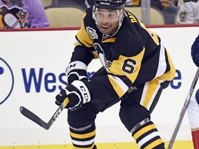 FILE - In this Oct. 25, 2016, file photo, Pittsburgh Penguins defenseman Trevor Daley (6) shoots the puck during the second period of an NHL hockey game against the Florida Panthers in Pittsburgh. The Detroit Red Wings signed Daley to a $9.5 million, three-year contract on Saturday, July 1, 2017. (AP Photo/Fred Vuich, File)