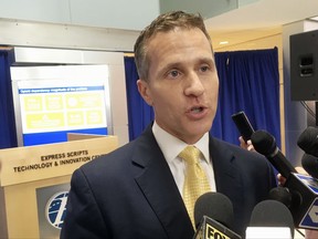 Missouri Gov. Eric Greitens speaks to reporters in St. Louis on July 17, 2017, after signing an executive order establishing a prescription drug monitoring program. Missouri was the last state without a PDMP. (AP Photo/Jim Salter)