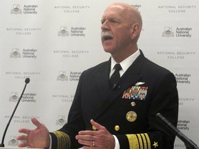 U.S. Pacific Fleet Commander Adm. Scott Swift addresses an Australian National University security conference in Canberra, Australia Thursday, July 27, 2017. Swifts said he would launch a nuclear strike against China next week if U.S. President Donald Trump ordered it and warned against the military ever shifting its allegiance from its commander in chief. (AP Photo/Rod McGuirk)