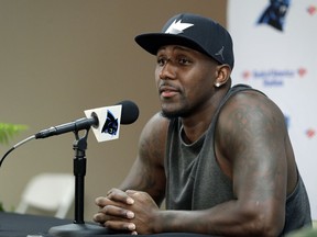 Carolina Panthers Thomas Davis answers a question during a news conference at NFL football training camp at Wofford College in Spartanburg, S.C., Wednesday, July 26, 2017. (AP Photo/Chuck Burton)