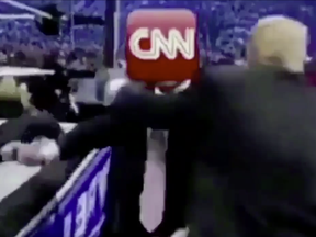 A still from a video tweeted by Donald Trump shows him attacking a man with a CNN logo superimposed on his head. The footage was taken from a 2007 appearance on WWE.