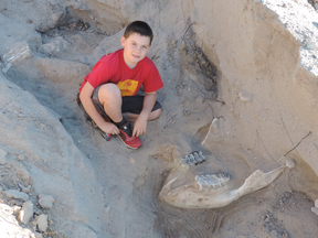 Jude Sparks sitting beside the fossilized remains of a Stegomastodon.