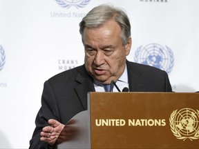 UN Secretary-General Antonio Guterres informs the media that the conference on Cyprus under the auspices of the United Nations is closed without any agreement, in Crans-Montana, Switzerland, Friday, July 7, 2017. (Salvatore Di Nolfi/Keystone via AP)