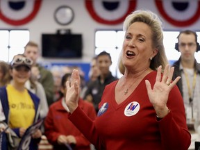FILE - In this Nov. 7, 2016, file photo, Missouri Republican Rep. Ann Wagner speaks to supporters at her campaign office where she was seeking her third term in office in Missouri's 2nd Congressional District. Wagner said Monday, July 3, 2017, said she's not running for Democratic U.S. Sen. Claire McCaskill's seat in 2018, but will instead run for re-election to her suburban St. Louis House seat. (AP Photo/Jeff Roberson, File)