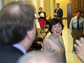 Senator Susan Collins, a Republican from Maine, speaks to members of the media while arriving to a GOP luncheon meeting at the U.S. Capitol in Washington, D.C., U.S., on Tuesday, July 25, 2017.