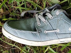 A lone shoe is seen in this undated police handout photo. Police have released a photo of a shoe in the hope that it will help identify a body discovered in a rural area near Cambridge, Ont.