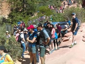 In this May 28, 2016 photo, provided by Zion National Park people line up at Angels Landing in Zion National Park, Utah. The sweeping red-rock vistas at Zion National Park are increasingly filled with a bumper crop of visitors, and now park managers are weighing an unusual step to stem the tide: : Requiring tourists to make RSVPs to get in.   (Zion National Park via AP)