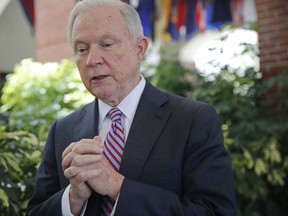 U.S. Attorney General Jeff Sessions speaks during an interview with The Associated Press at the U.S. Embassy in San Salvador, El Salvador, Thursday, July 27, 2017. Sessions is forging ahead with a tough-on-crime agenda that once endeared him to President Trump, who has since taken to berating him. Sessions is in El Salvador to step up international cooperation against the violent street gang MS-13. (AP Photo/Pablo Martinez Monsivais)