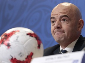 FIFA President Gianni Infantino speaks during a news conference at the St. Petersburg Stadium, Russia, Saturday, July 1, 2017. Chile and Germany will play the Confederations Cup final soccer match scheduled for Sunday, July 2, 2017. (AP Photo/Dmitri Lovetsky)