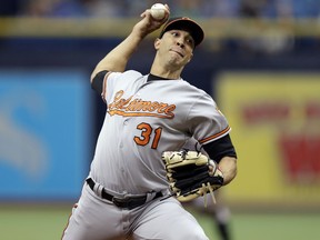 Baltimore Orioles starting pitcher Ubaldo Jimenez delivers to the Tampa Bay Rays during the first inning of a baseball game Wednesday, July 26, 2017, in St. Petersburg, Fla. (AP Photo/Chris O'Meara)